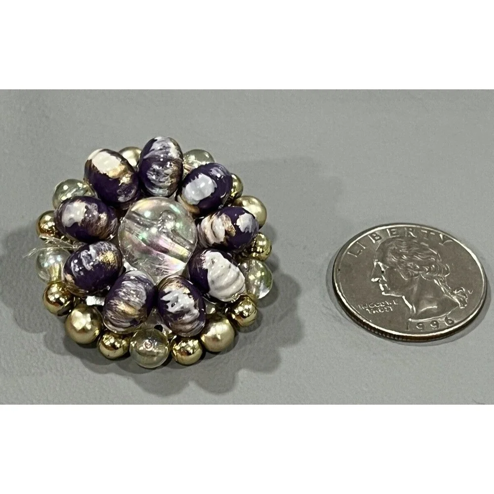 Vintage Purple Gold Beaded Cluster Clip-On Earrings Iridescent Acrylic Statement